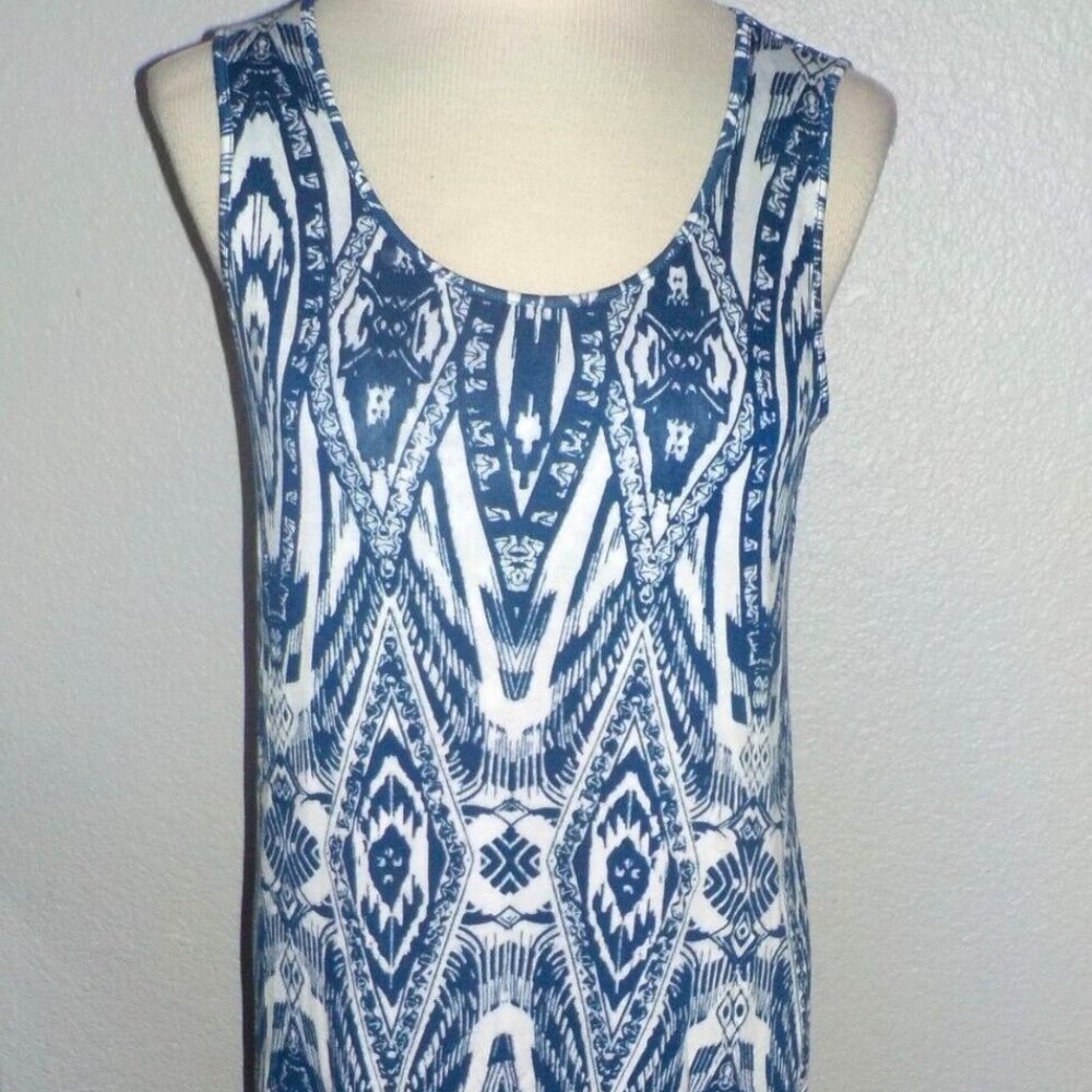 DESIGN HISTORY MS SIZE MEDIUM BLUE & WHITE GEO PRINT TULIP HEM KNIT DRESS